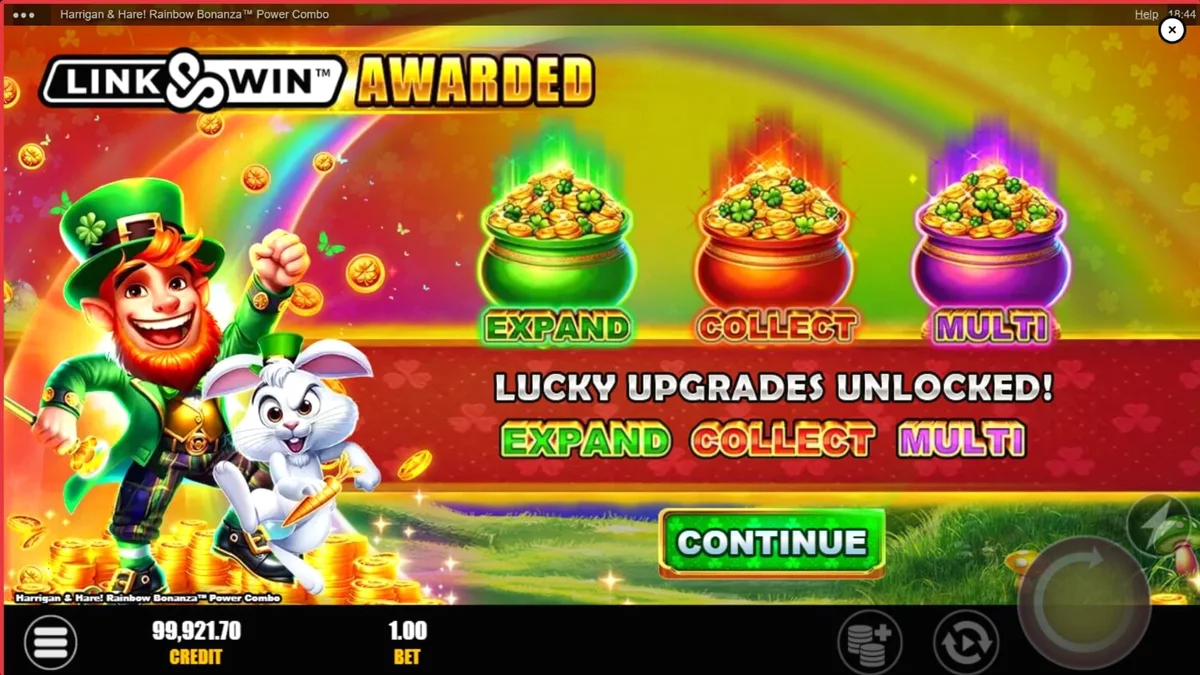 Tampilan antarmuka mobile slot Harrigan & Hare Rainbow Bonanza Power Combo dengan latar belakang perbukitan Irlandia